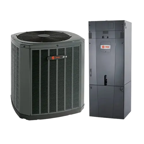 A Trane central air conditioning unit and matching air handler, both in a dark gray finish, designed for efficient home cooling and heating