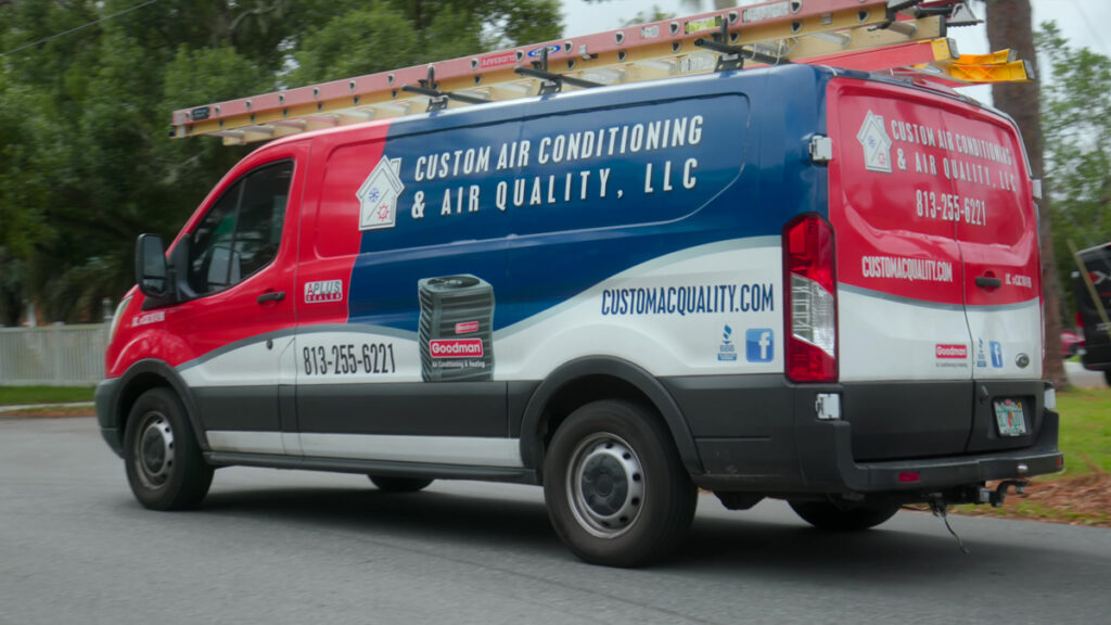 Branded service truck en route to a client for HVAC maintenance