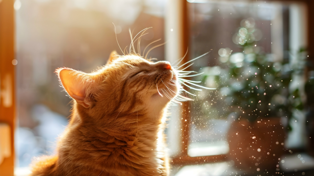 spring pollen and pet dander surrounding a cat in someone's home